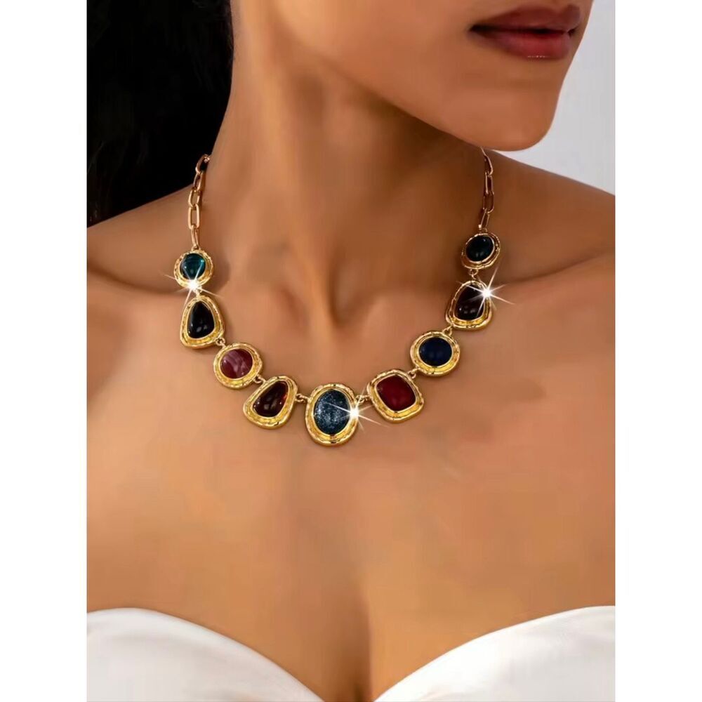 Zara Glam Statement Necklace Gold Tone Multicolor Gem Collar